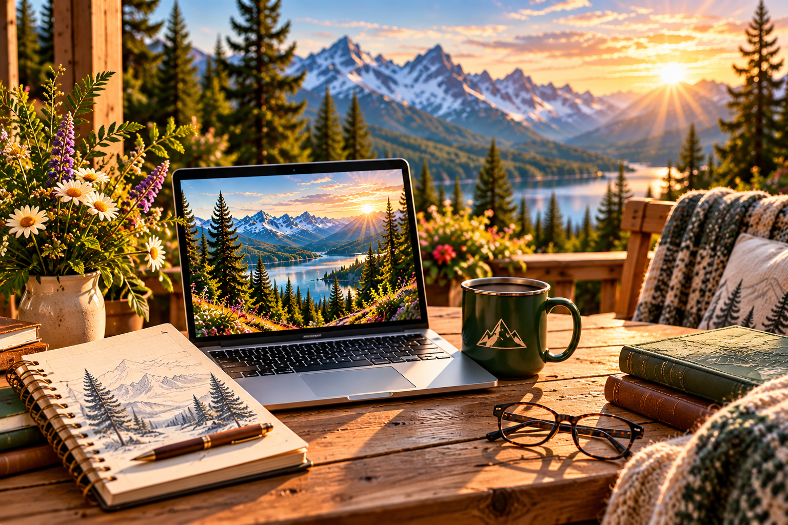 Journal, laptop and coffee mug on a wooden desk overlooking the mountains