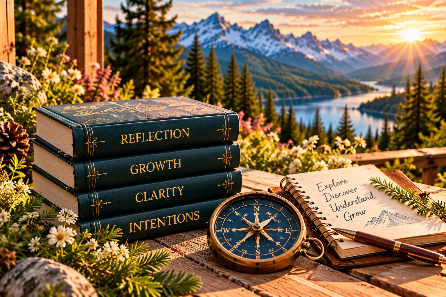 Stack of books labeled Reflection, Growth, Clarity and Intentions beside a compass