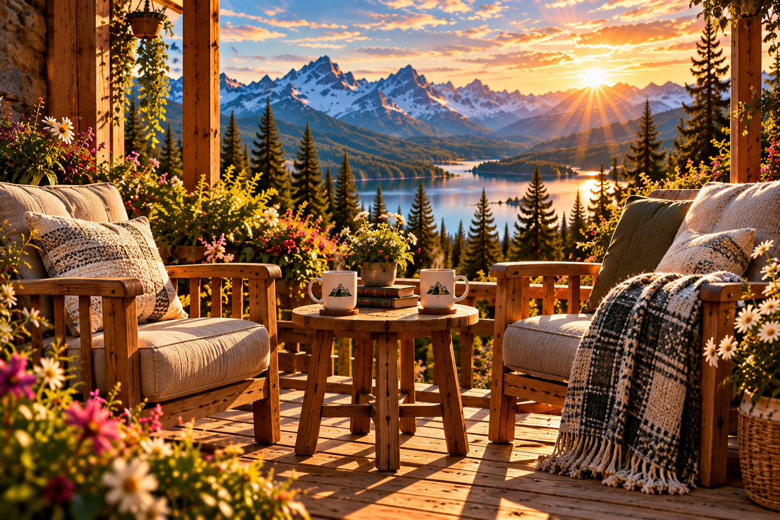 Two cozy chairs on a mountain porch at sunset