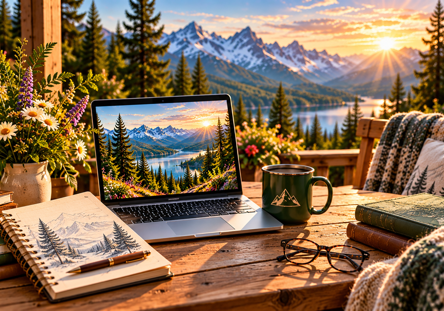 Journal, laptop and coffee mug on a wooden desk overlooking the mountains