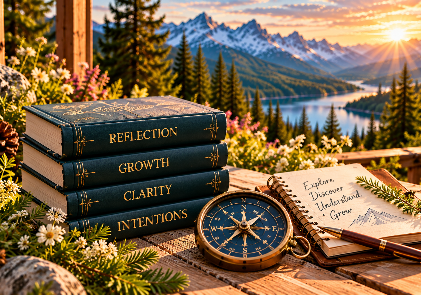 Stack of books labeled Reflection, Growth, Clarity and Intentions beside a compass