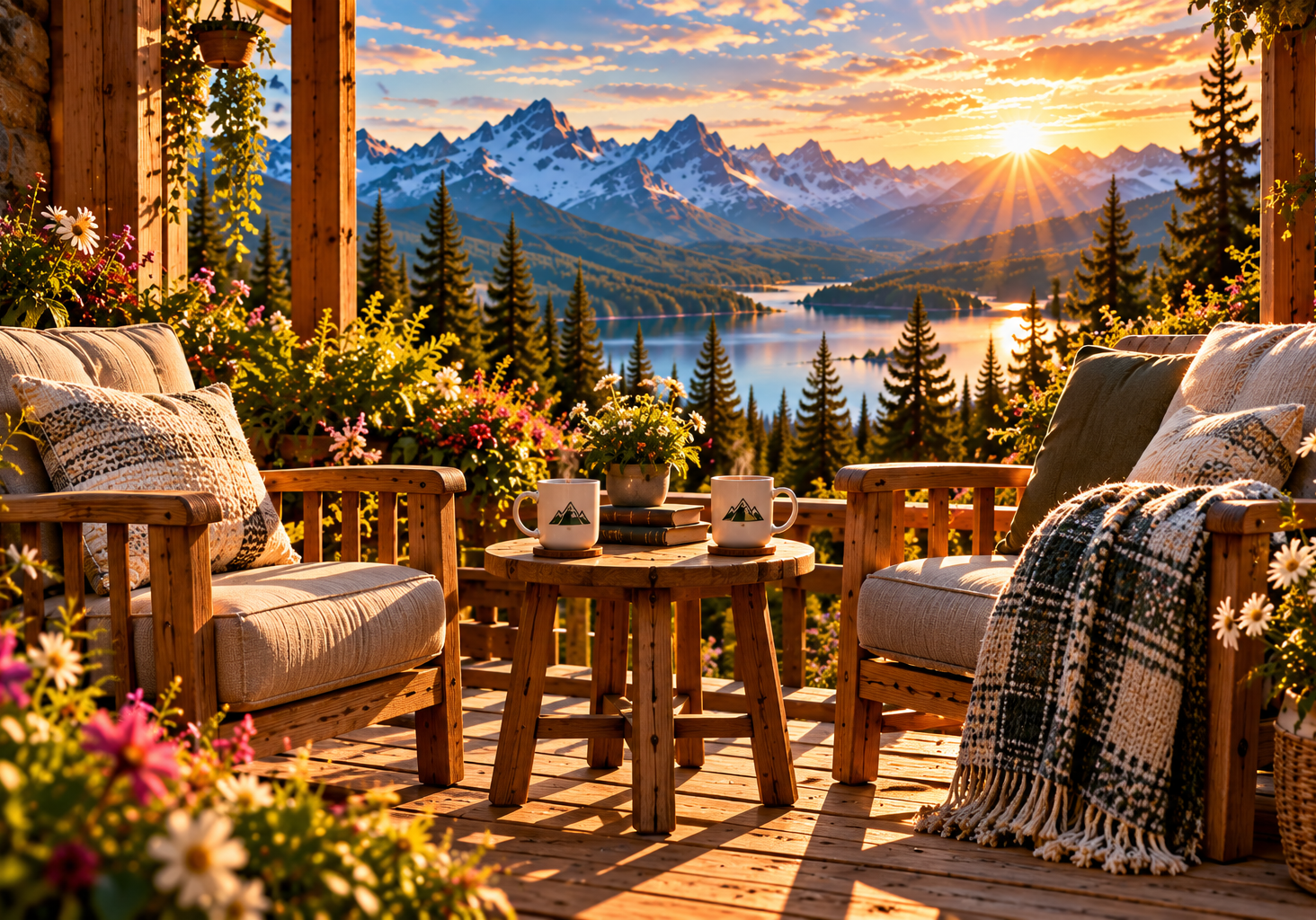 Two cozy chairs on a mountain porch at sunset